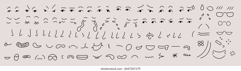 linear doodle parts of faces set in vector. Elements for avatar sticker poster print mascot design character postcard
