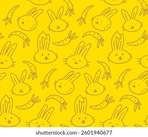 Linear doodle pattern of rabbits, hares and carrots on a yellow background