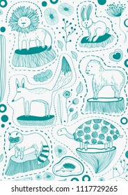 Linear doodle pattern in turquoise color on a white background. Print containts silhouettes of cartoon animals - racсoons, turtles, lions etc. Made in trendy style. Can be used as cover or wallpaper.