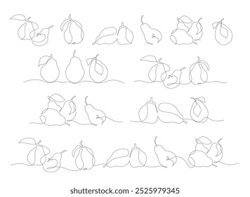 Linear doodle pears in one line in graphic big vector clip art set