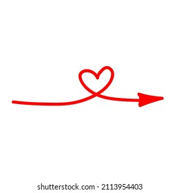 Linear doodle red arrow with heart. Love pointer, trajectory, like. Vector design element for social media, valentines day and romantic designs