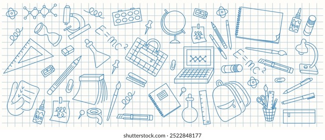 linear doodle set of stationery and stuff for school and education. doodles for logo stickers website poster backdrop wallpaper background