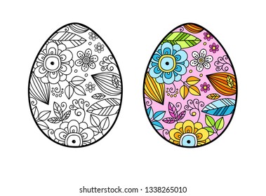 Linear Doodle style Easter eggs with colorful flowers ornament for anti-stress coloring book and happy easter decoration.  Hand drawn easter egg illustration for coloring page. Isolated vector  