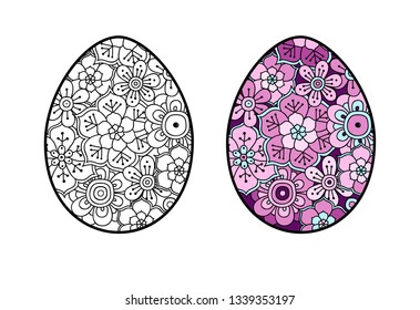 Linear Doodle style Easter eggs with purple flowers ornament for anti-stress coloring book and happy easter decoration.  Hand drawn easter egg illustration for coloring page. Isolated vector 