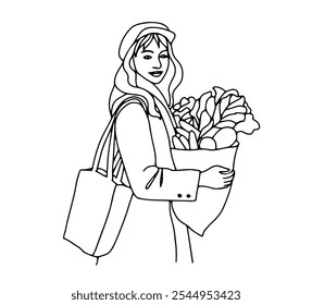 Linear doodle-style illustration of a girl carrying greens from the market in a bag