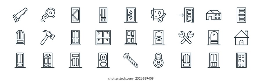 linear doors installation repair icon pack. vector thin line doorway, saw hine, doorway, hotel, window frame, house, screw, door icons suitable for apps and websites ui designs