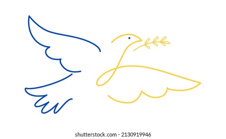 Una paloma lineal con una rama en los colores de la bandera ucraniana. Detengan la guerra en Ucrania. Un símbolo de paz. Ilustración del vector aislada en fondo blanco