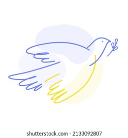 A linear dove with a branch in the colors of the Ukrainian flag. Stylization, abstraction. Stop the war in Ukraine. A symbol of peace. Vector illustration isolated on white background