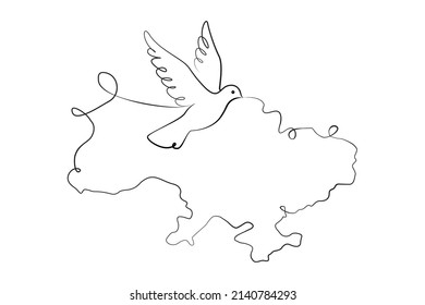 Linear dove with map of Ukraine . Support Ukraine . Pigeon in a modern abstract one line style. Vector illustration. Dove of peace . 10 eps