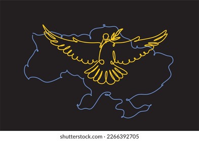 Paloma lineal con mapa de Ucrania . Apoyen a Ucrania . Paloma de una línea abstracta moderna. Ilustración vectorial. Paloma de paz.