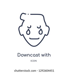 Linear downcast with sweat emoji icon from Emoji outline collection. Thin line downcast with sweat emoji icon vector isolated on white background. downcast with sweat emoji trendy illustration