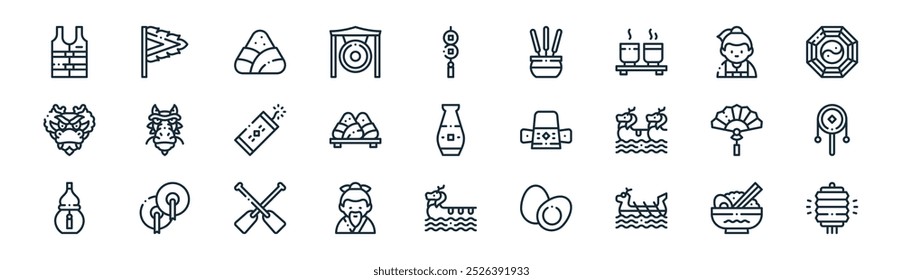 linear dragon boat festival icon pack. vector thin line rice bowl, flag, zongzi, paddler, zongzi, rattle drum, dragon boat festival, lantern icons suitable for apps and websites ui designs