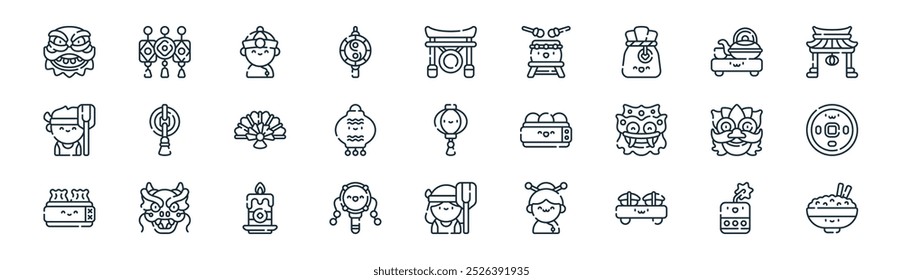 linear dragon boat festival icon pack. Vektor dünne Linie Feuerwerk, Dekoration, Chinesisch, Tee Zeremonie, Dekoration, chinesische Münze, paddler, Reisschale Icons geeignet für Apps und Websites ui Designs