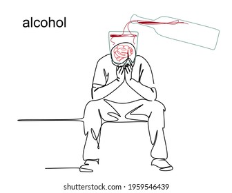 a linear drawing of the abstract concept of a bad habit. Alcohol use, alcohol therapy, stress, chaotic thoughts, danger of alcohol abuse, ethanol. Activates specific brain receptors