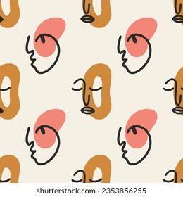 Abstraktes, lineares, abstraktes Gesichtsbild, nahtloses Muster. Moderne minimalistische Kunst, ästhetische Umrisse. Kontinuierlicher Zeilenhintergrund mit weiblichen und männlichen Gesichtern. Vektorgruppe der Menschen.