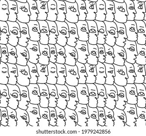 Linear drawing abstract faces seamless pattern. Modern aesthetic print, minimalism, contour line art. Continuous with people faces. Vector hand drawn illustration