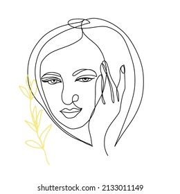 Dibujo lineal de una cara hembra abstracta con una línea de rama.