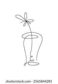 Linear drawing of an abstract vase with a flower, outline, black and white illustration, hand-drawn, vector. Decorative floral, modern element for a holiday, greetings, postcards.