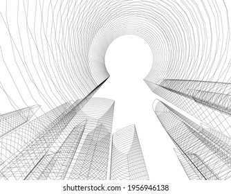 linear drawing of architecture on white background 3d illustration