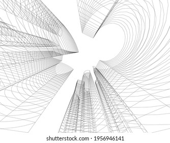 linear drawing of architecture on white background 3d illustration