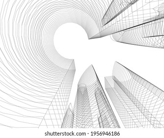dibujo lineal de la arquitectura sobre fondo blanco Ilustración 3d