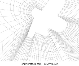 Linearzeichnung der Architektur auf weißem Hintergrund 3D-Illustration
