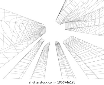 linear drawing of architecture on white background 3d illustration