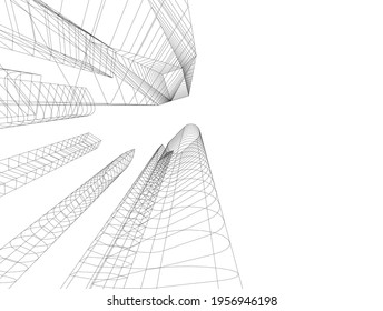 Linearzeichnung der Architektur auf weißem Hintergrund 3D-Illustration