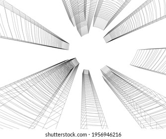 Linearzeichnung der Architektur auf weißem Hintergrund 3D-Illustration