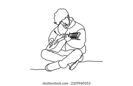 Linear drawing art of a boy playing the guitar illustration design