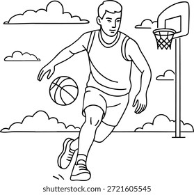 Eine lineare Zeichnung eines Basketballspielers, der mit einem Ball in der Nähe eines Reifens für ein Malbuch spielt. Konturendarstellung eines jungen Mannes in T-Shirt, Shorts und Turnschuhe in einem offenen Bereich mit Wolken.