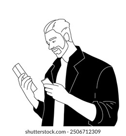 Linear drawing of a bearded young man reading. Vector illustration