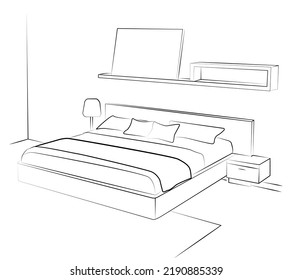 
dibujo lineal de un dormitorio con una cama grande. Mobiliario elegante escandinavo de estilo lineal sencillo. Ilustración del vector Doodle