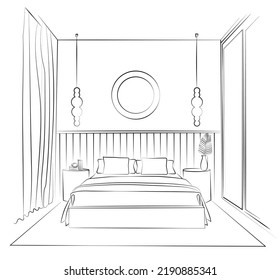 
linear drawing of a bedroom with a large bed. Scandinavian stylish furniture in a simple linear style. Doodle vector illustration