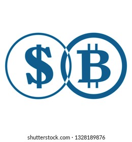 Linear drawing of bitcoin. Exchange of bitcoin to the dollar. Digital Finance. Isolated, white. Vector