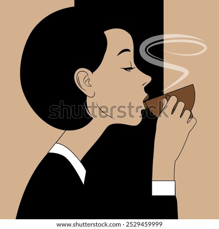 A linear drawing in black and beige colors of a girl's head in profile drinking coffee or tea with decorative steam from a brown cup in her hand. Vector illustration