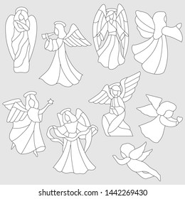 linear drawing in black and white, a sketch for stained glass, set of angel pictures