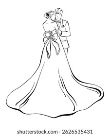 Linear drawing of bride and groom. Minimal line art style for wedding invitation or card. Editable vector illustration with clean outline and isolated elements.