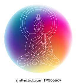 linear drawing of the Buddha. white outline on a multi-colored gradient in the shape of a circle. stock vector illustration. EPS 10.