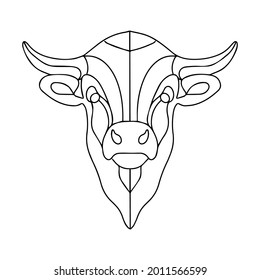 Linear drawing of a bull's head. Vector linear bull logo. Coloring book of a horned animal. Bison silhouette.