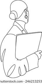 Linear drawing of a business woman with a laptop. Without artificial intelligence