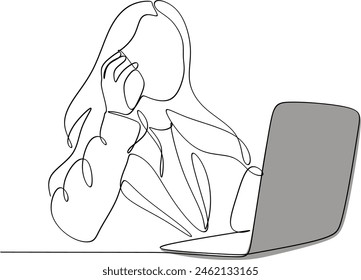 Linear drawing of a business woman with a laptop .Business woman talking on the phone. Without artificial intelligence