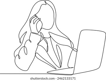 Linear drawing of a business woman with a laptop .Business woman talking on the phone. Without artificial intelligence