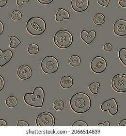 Lineare Zeichnung von Schaltflächen auf dunklem Hintergrund. Freehe und nahtlose Muster. Vektorgrafik. Hintergrund für Stoff, Stoffdesign, Umhüllungspapier.
