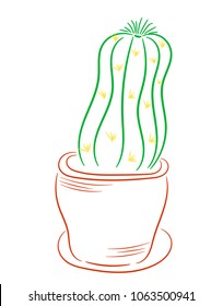 Linear drawing of a cactus. Cactus in a pot. Houseplant. Gardening.Isolated, white. Vector