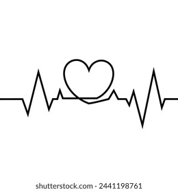 Dibujo lineal de un cardiograma con un corazón sobre un fondo blanco. Ilustración de vector