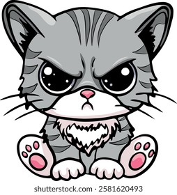 linear drawing of a cat. Angry cat in cartoon style with big eyes. Vector illustration of a gray cat with big eyes. Children's illustration, children's books. Postcard. Vector illustration 