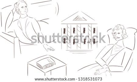 Linear drawing of characters from the work "Oblomov" and "Dead Souls" on a white background