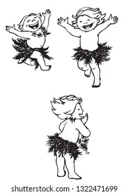 Linear drawing of children in the skirts of the leaves, which run and laugh.