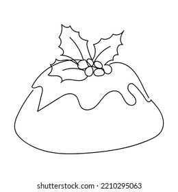 Linear drawing of a Christmas pudding with a sprig of mistletoe made of leaves and berries. Isolated vector illustration. Festive drawing with one line without color. Template for various designs.